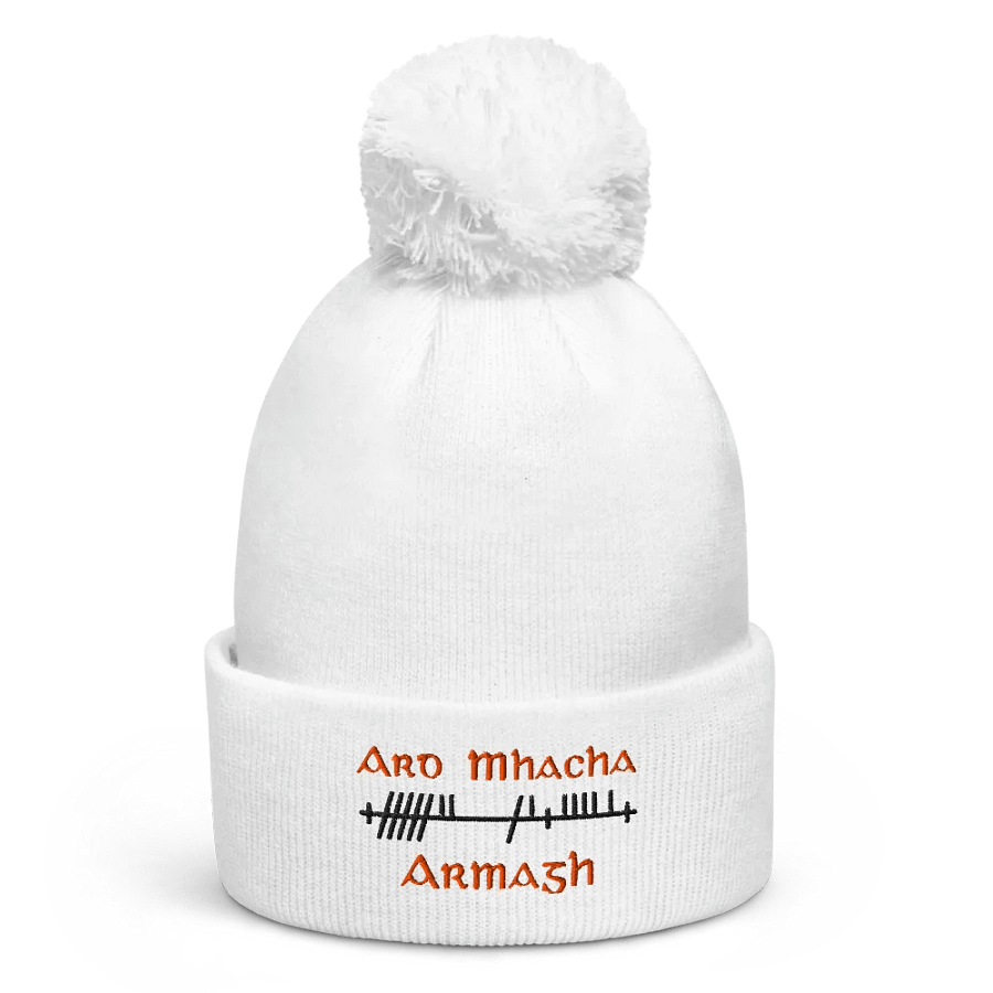 Armagh/Ard Mhacha Orthodox Style Ogham, white with black and tangerine, Pom-Pom Beanie product image (1)