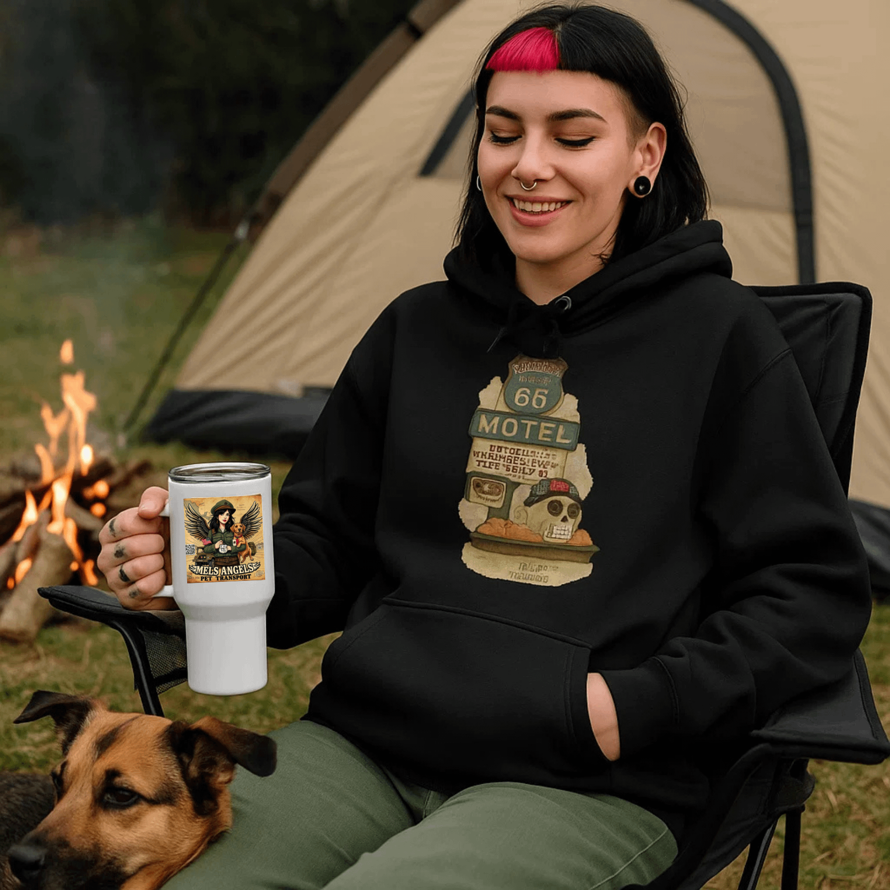 Route 66 Motel Skull Hoodie – Vintage Road Trip Día de los Muertos Sweatshirt product image (9)