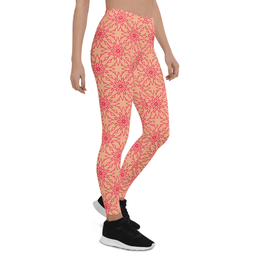 comfortable leggings in soft apricot with dark pink geometric   design for those that  like pattern elements. product image (7)