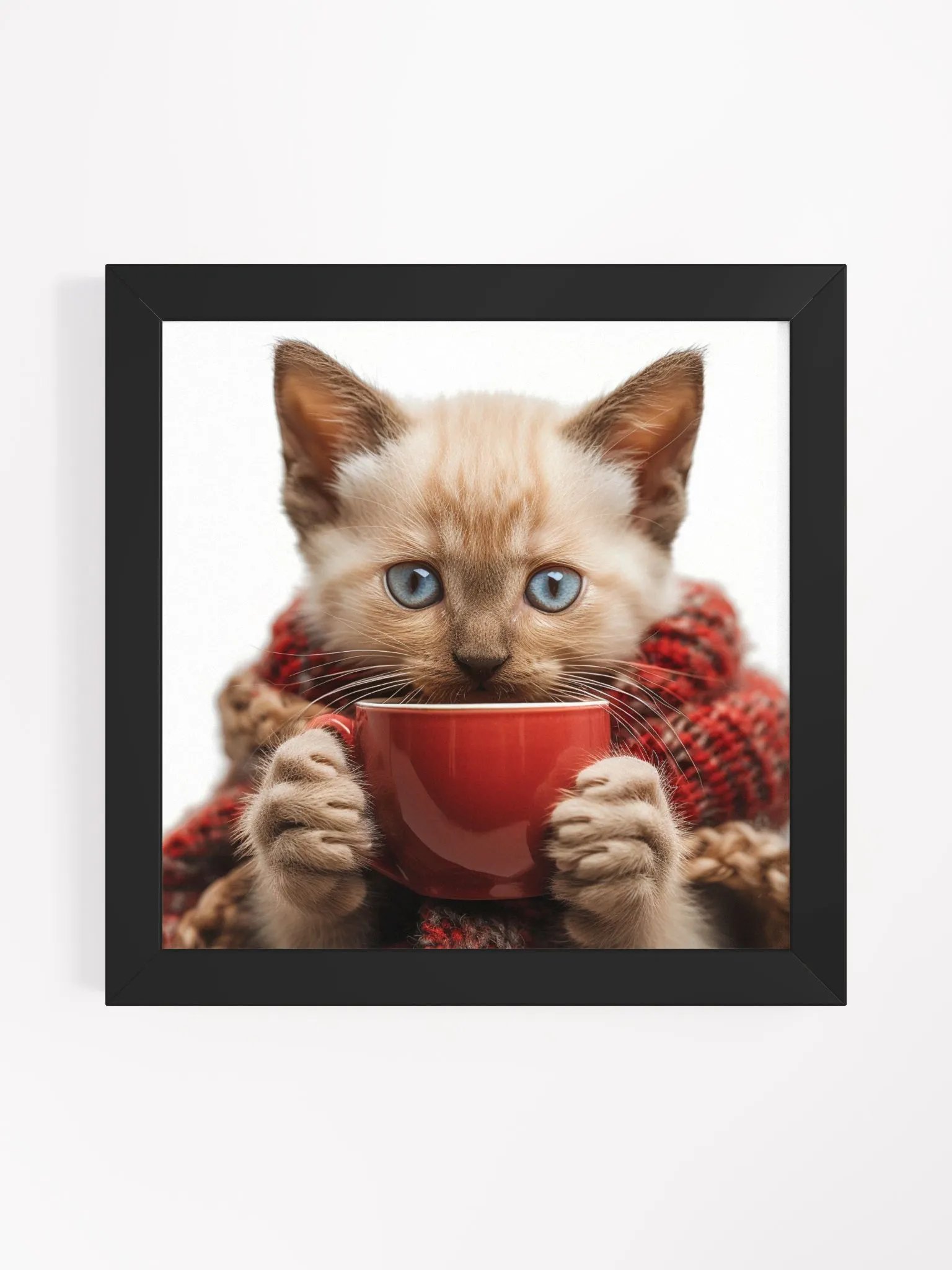 Coffee Lover Cute Blue Eyed Kitten Framed Wall Art product image (1)