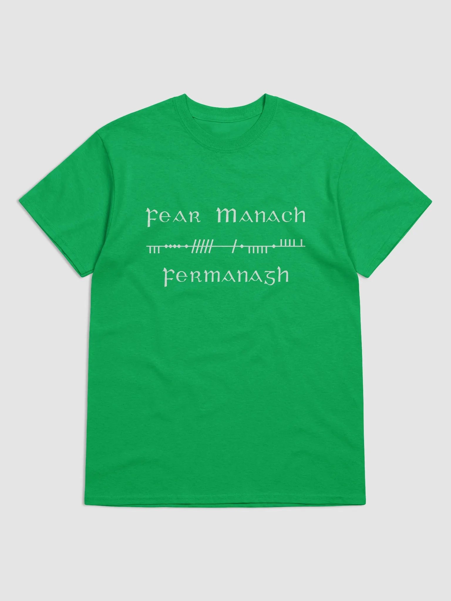 Fermanagh/Fear Manac Scholastic style Ogham, Green with white printed T-shirt product image (1)