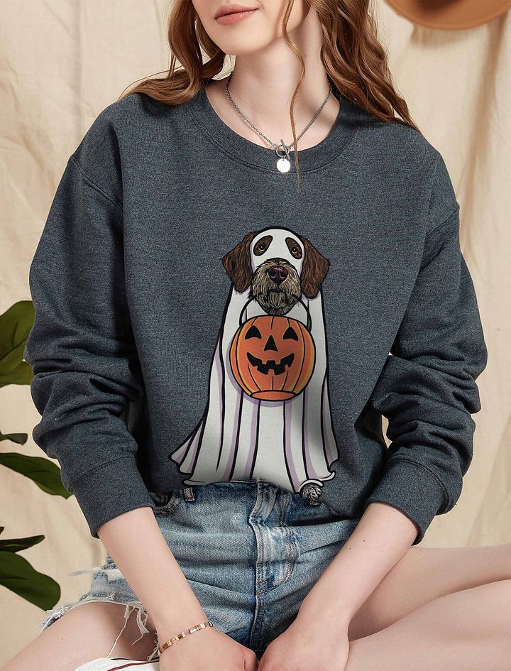 Funny Halloween German Wirehaired Pointer Sweatshirt | Funny Dog Wearing a Ghost Costume and Holding a Pumpkin Basket product image (5)