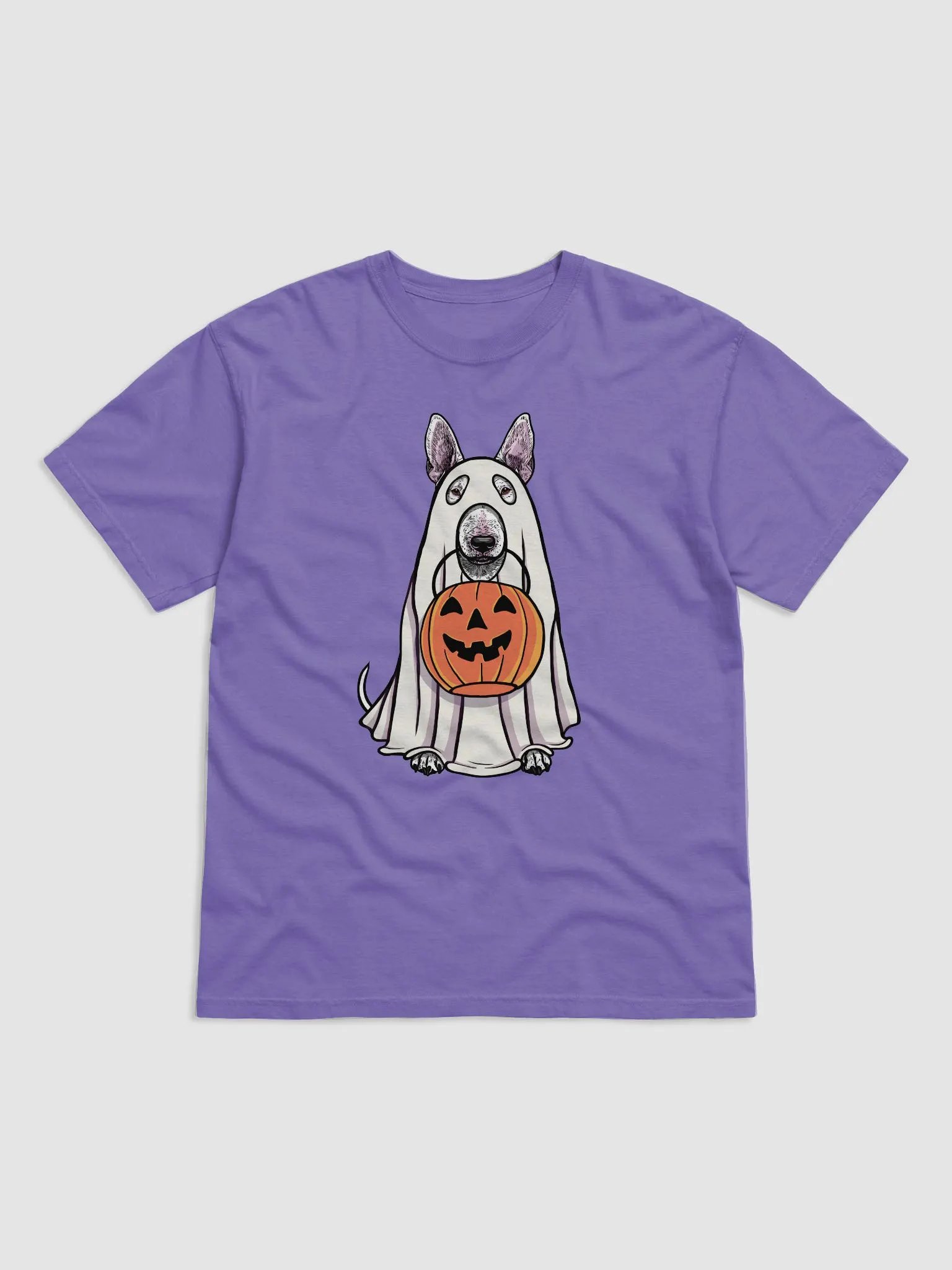 Funny Halloween Bull Terrier T-Shirt | Funny Dog Wearing a Ghost Costume and Holding a Pumpkin Basket product image (27)