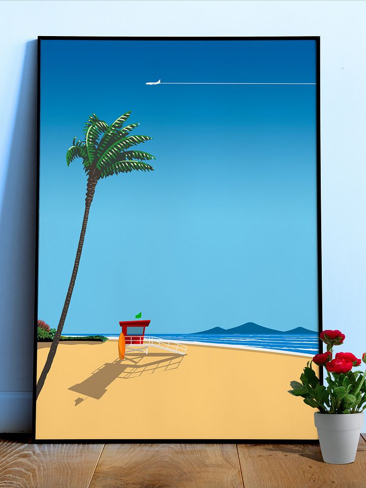 Ibiza, Spain. Serene beach, tropical chillout — City Pop art, retrowave/vaporwave poster, 80s, aesthetic poster, Hiroshi Nagai inspired art product image (1)