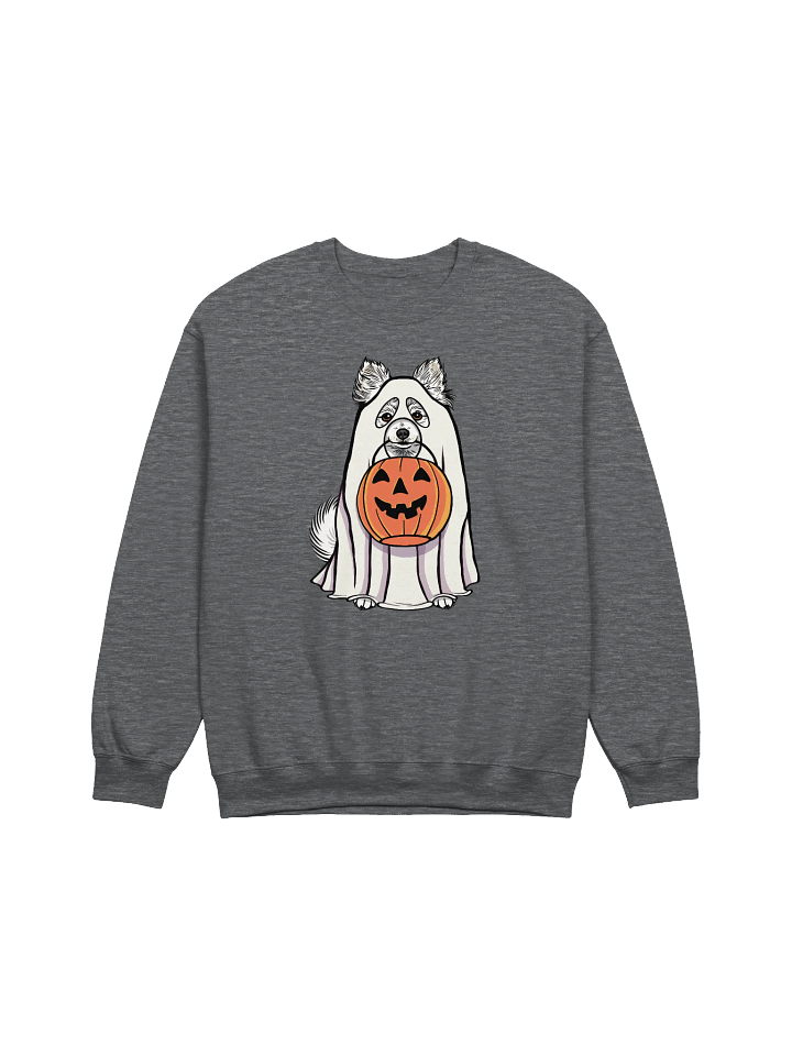 Funny Halloween Pomeranian(White) Sweatshirt | Funny Pomeranian Wearing a Ghost Costume and Holding a Pumpkin Basket product image (1)