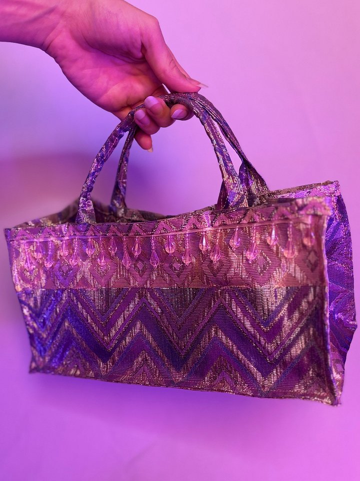 Small Handbag with Beaded Trim (Purple and Pink Metallic Diamonds) product image (1)