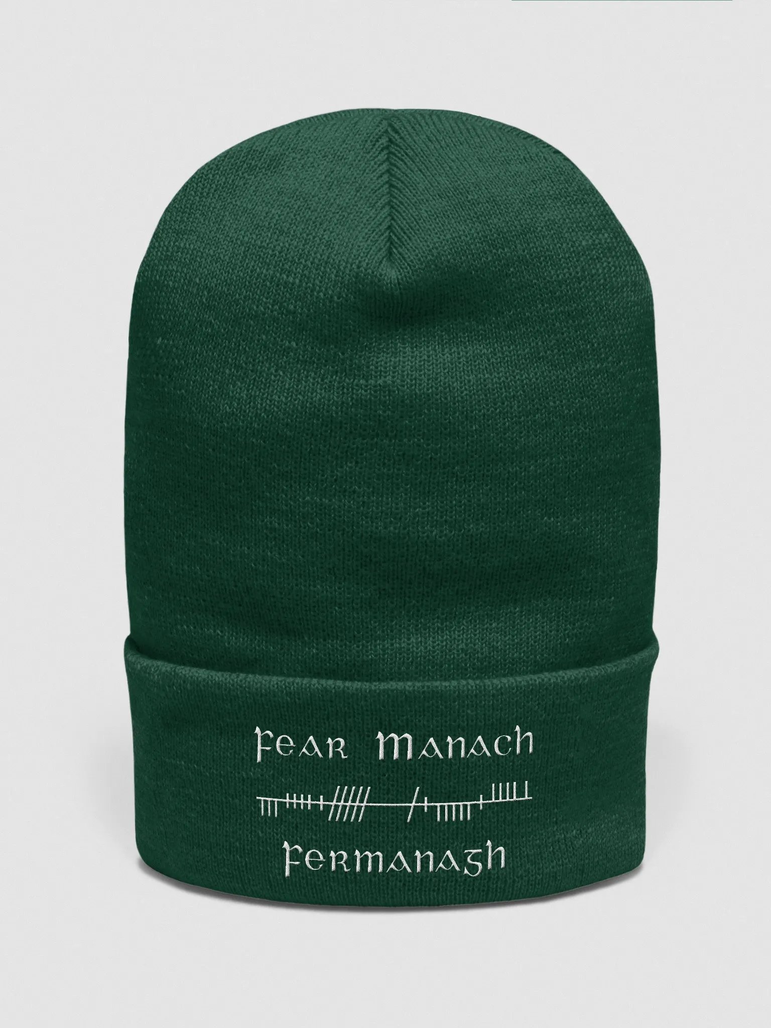 Fermanagh/Fear Manach, Green with white, Orthodox style Ogham embroidered Cuffed Beanie product image (1)