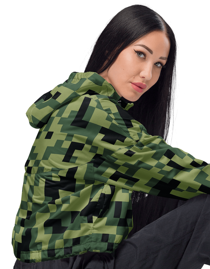 Military Green Camouflage Pixels Camo Pattern Women's Cropped Windbreaker product image (2)