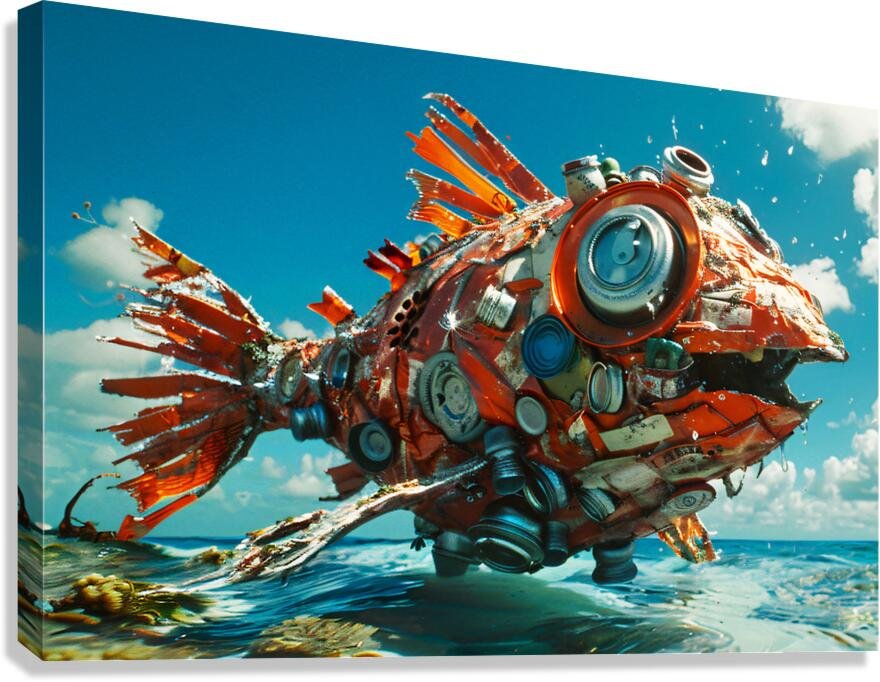 Trash Fish Ocean Pollution Art Print – Surreal Recycled Marine Debris Artwork product image (3)