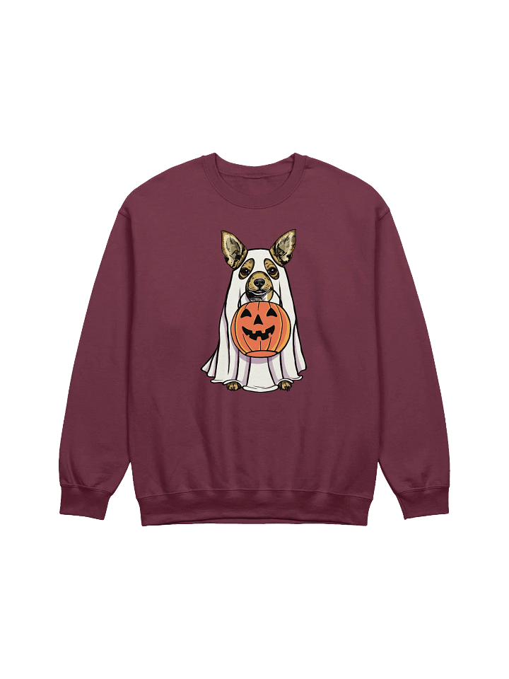 Funny Halloween Chihuahua Sweatshirt | Funny Chihuahua Wearing a Ghost Costume and Holding a Pumpkin Basket product image (1)