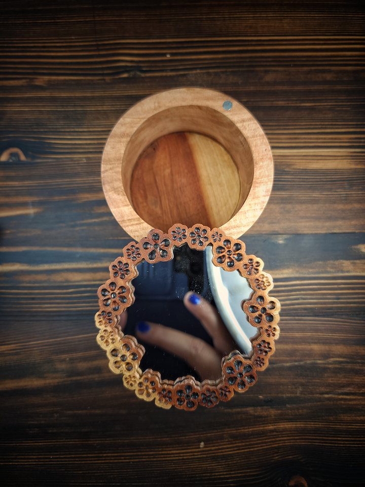 Handcrafted Cylindrical Wooden Box with Mirror Lid – Floral Carved Design product image (2)