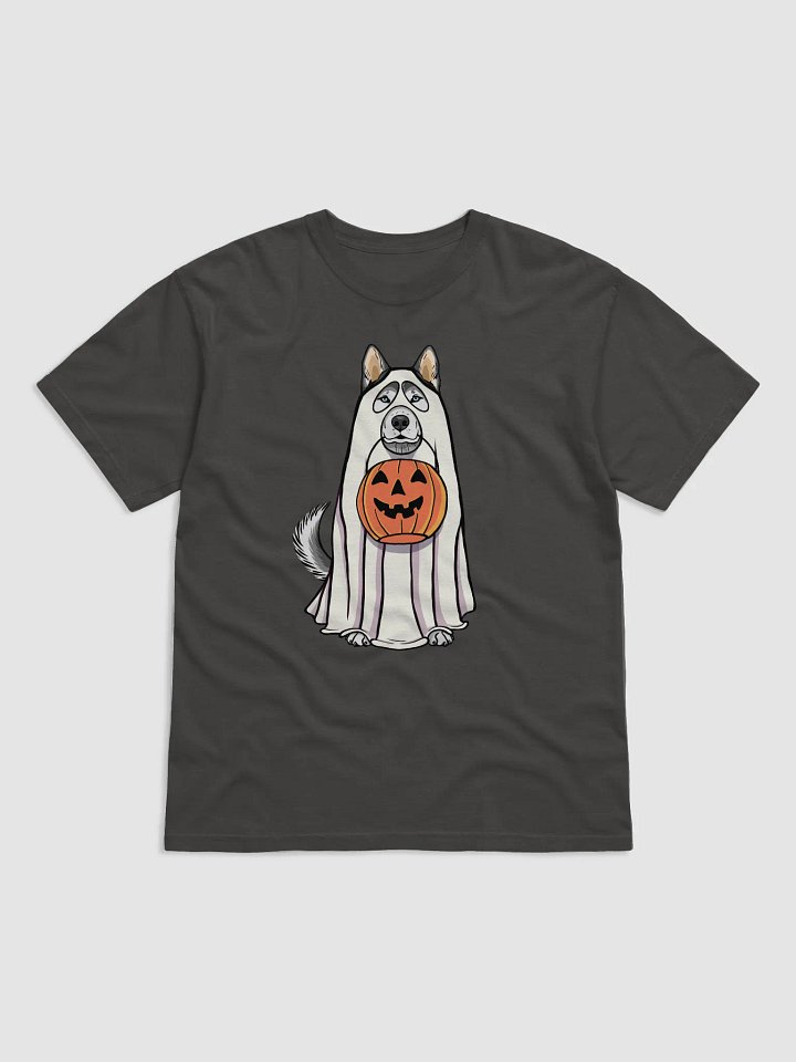 Funny Halloween Siberian Husky T-Shirt | Funny Husky Wearing a Ghost Costume and Holding a Pumpkin Basket product image (1)