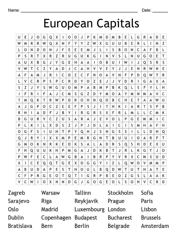 European Capitals Word Search (Printable) product image (1)