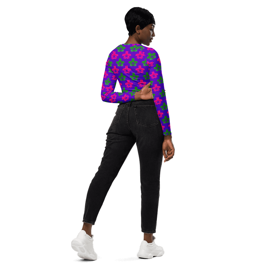 Cannabis 420 Flower Recycled Long-Sleeve Crop Top, Stoner Summer Weed Shirt, Neon Green Pink Purple Pot Leaf Reefer Raver Festival Fashion product image (7)