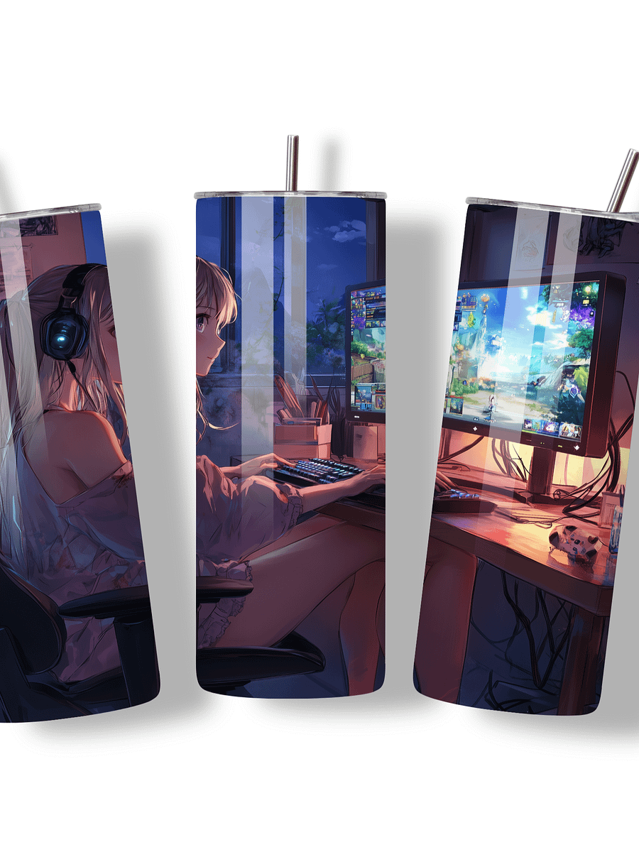Anime Gamer Girl 20oz Skinny Tumbler with Metal Straw – Vibrant Gaming Setup Design – Double-Walled Insulated Stainless Steel Tumbler Gift for Anime and Gaming Fans (Anime Girl 1) product image (3)