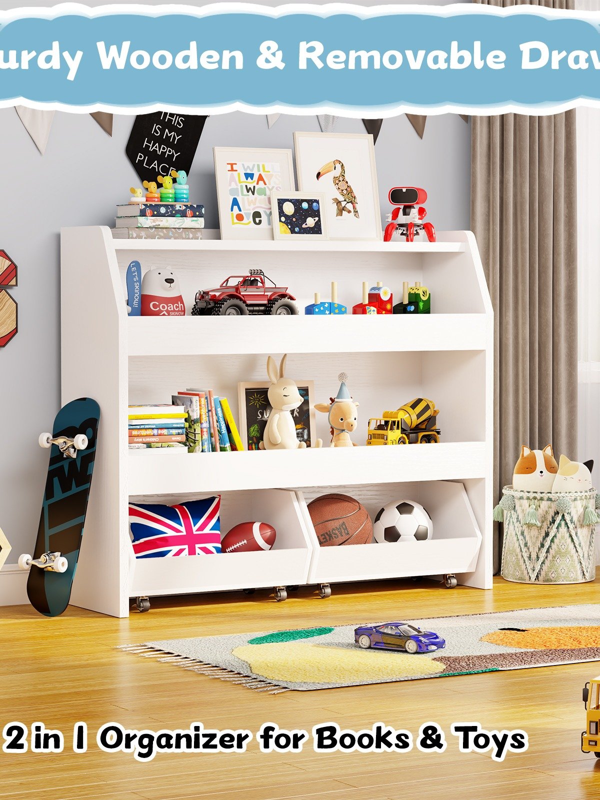 3-Tier Portable Toy Storage, Kids Toy Organizer W/2 Removable Bins with 4 Wheels（White) product image (8)