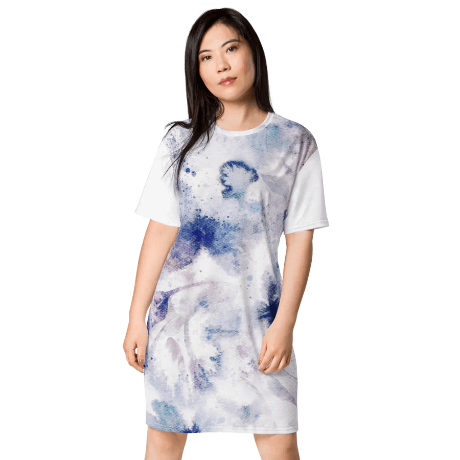 Blue White Watercolour Flower Pattern T-shirt Dress product image (3)
