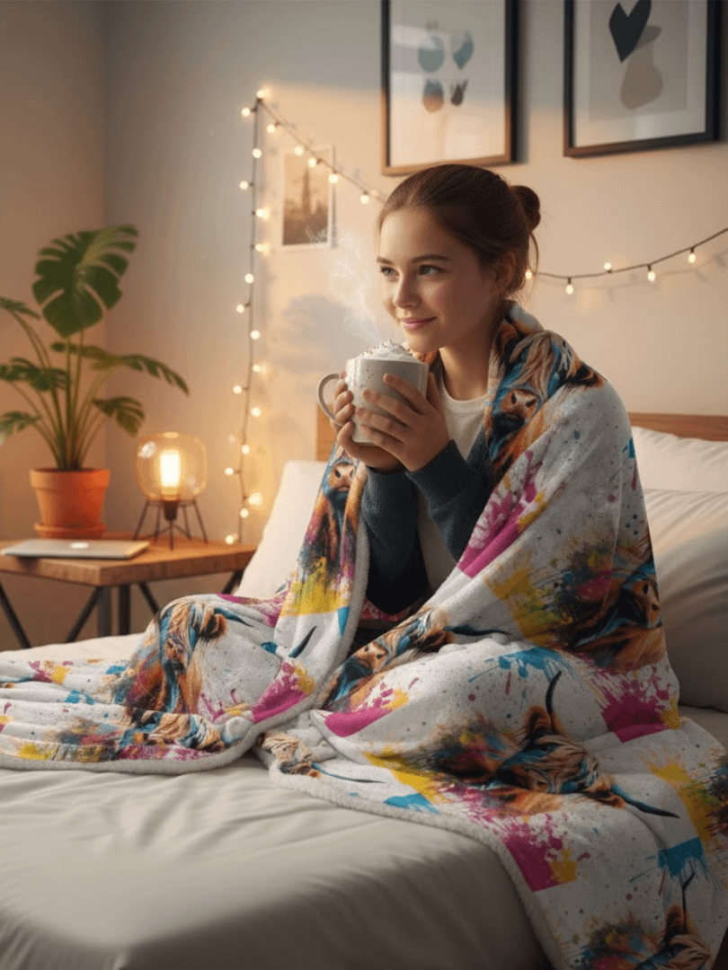 Multi Coloured Paint Splash Highland Cow Blanket product image (1)