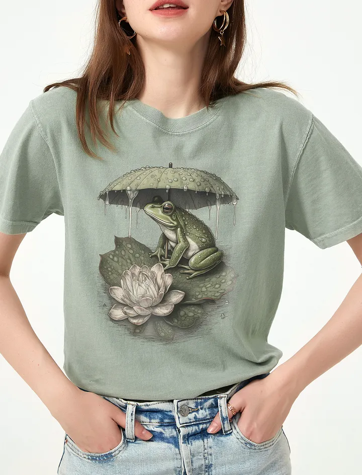 Vintage-Style Frog and Umbrella in the Rain T-Shirt | Cottagecore, Forestcore, Dark Academia, & Goblincore Shirt Design product image (1)
