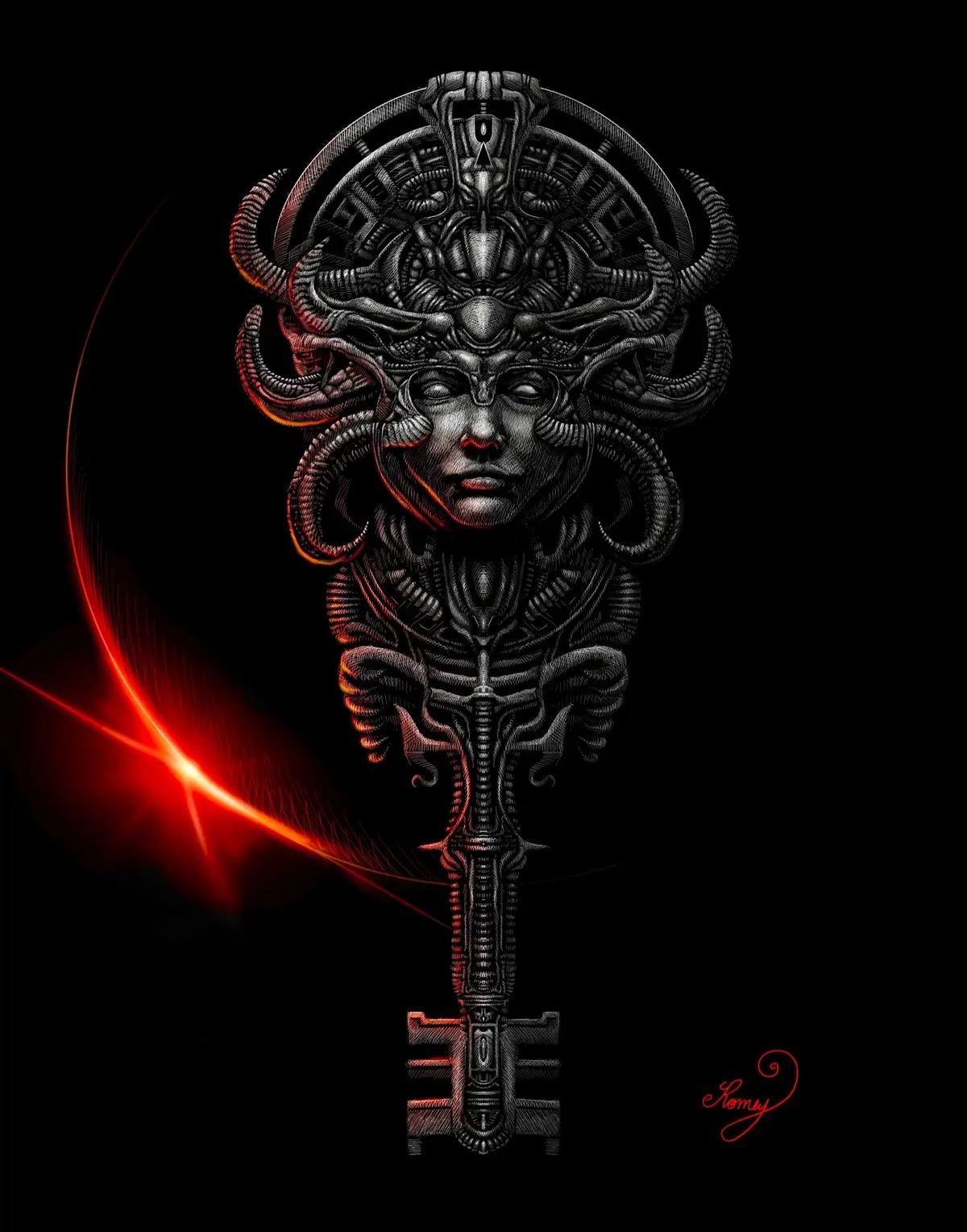 I did this digital drawing over the weekend in black and white then couldn’t resist adding color and effects, and here’s the results!  Look for prints/merch soon on Romeyart.com!  #art #crosshatching #crosshatch #digitalart #fantasyart #tattooart #comicart #surrealart #artistsoftiktok 