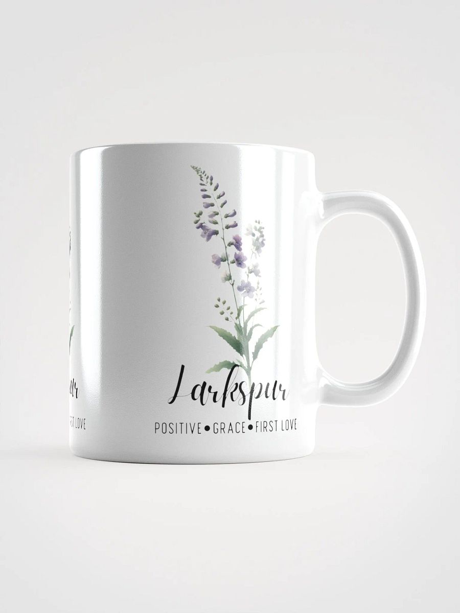 Larkspur Ceramic White Mug: Positive, Grace, First Love, July Birth Month Flower product image (3)