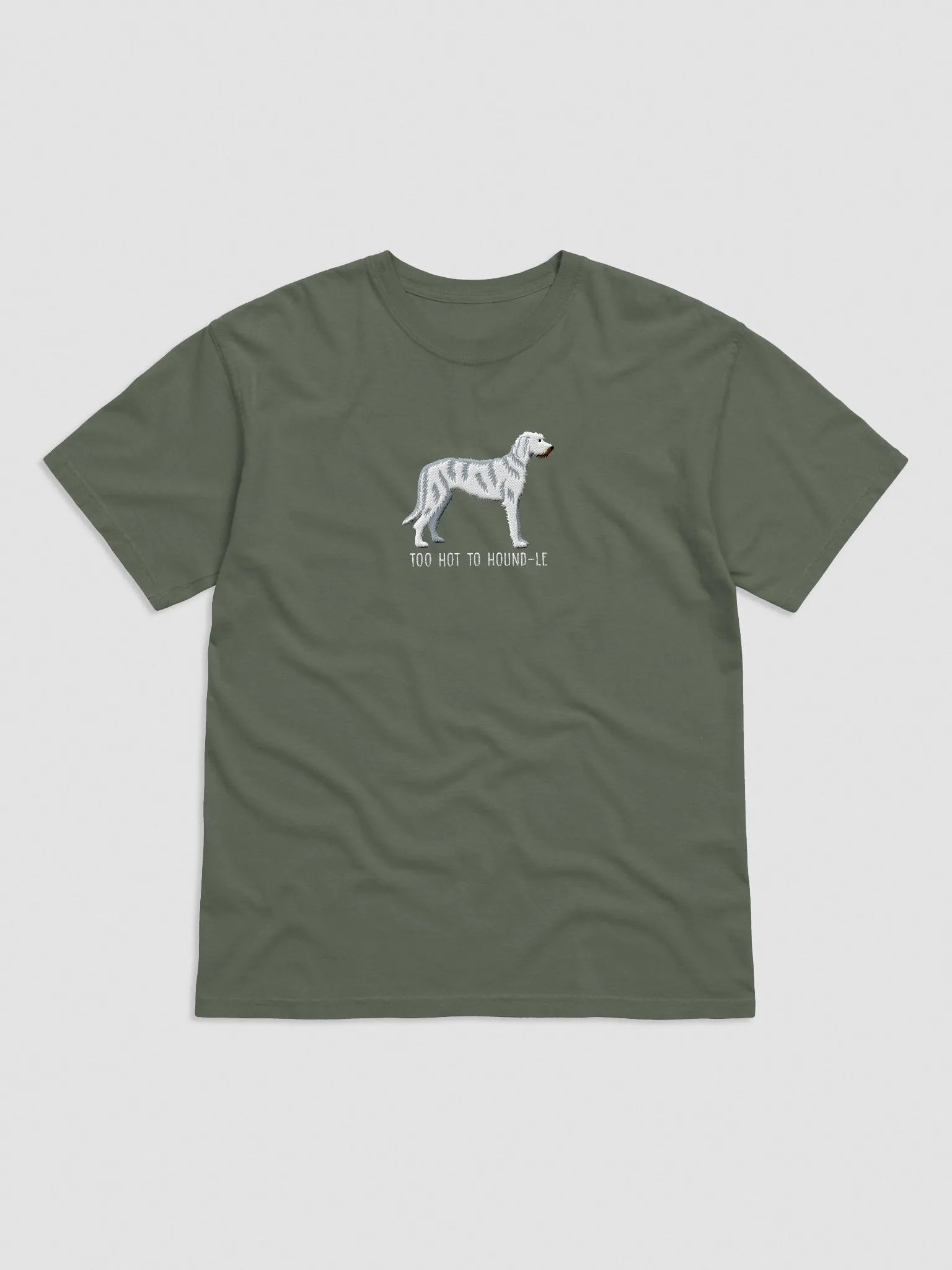 Too Hot to Houndle T-Shirt(Embroidered) of an Irish Wolfhound(White) product image (4)