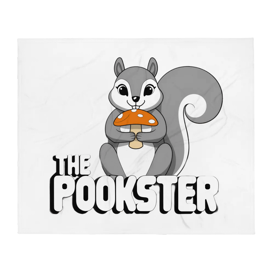 Ultra soft and plushy blanket: The Pookster: Large Pooky, 70s font, mushroom, transparent background. greyscale with red mushroom product image (2)