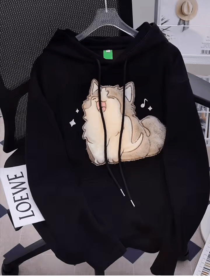 Korean Style Cat Print Pullover Hoodie with Cute Embroidery product image (2)