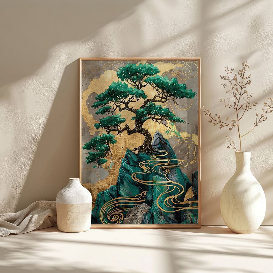 Emerald Green& Gold Kintsugi Bonzai Tree Japanese Art Print product image (25)