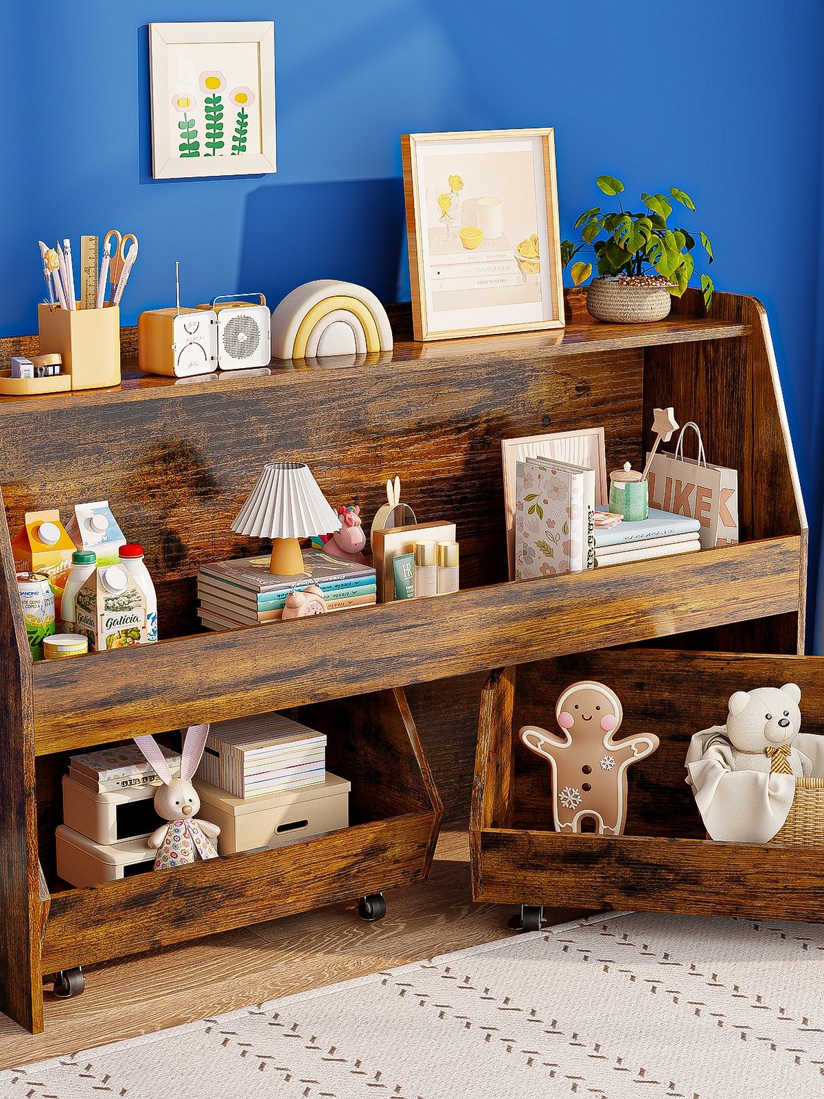 2-Tier Portable Toy Storage, Kids Toy Organizer W/2 Removable Bins with 4 Wheels（Brown) product image (1)