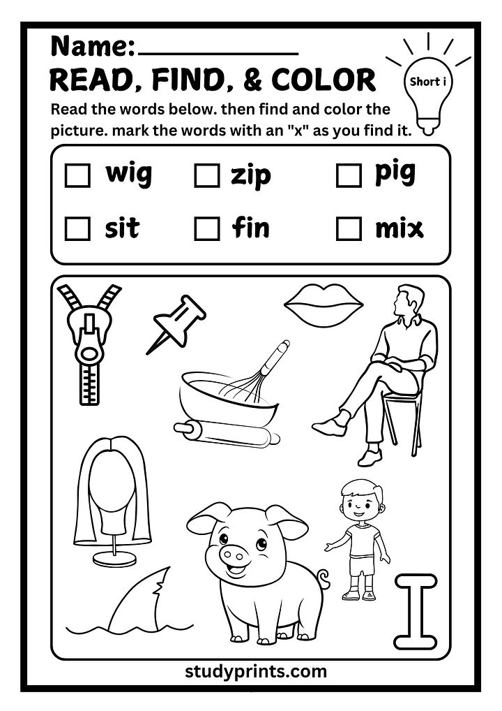 Short I CVC Words : Read, Find, and Color Activity Worksheet product image (1)