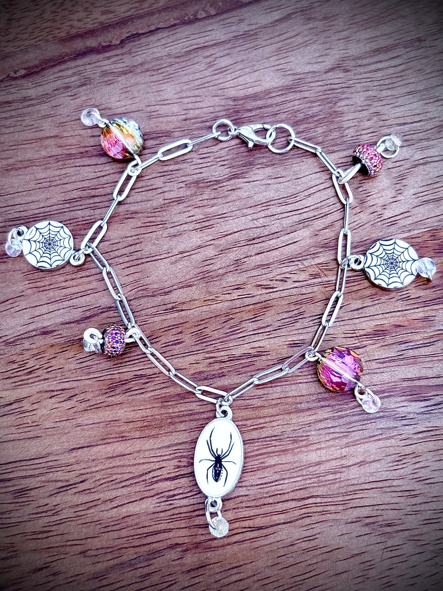 MFD-00247 | Spooky Arachnid Charm Bracelet | Stainless Steel Paperclip Chain | Charm Jewelry by Monique Faella Designs™ product image (2)