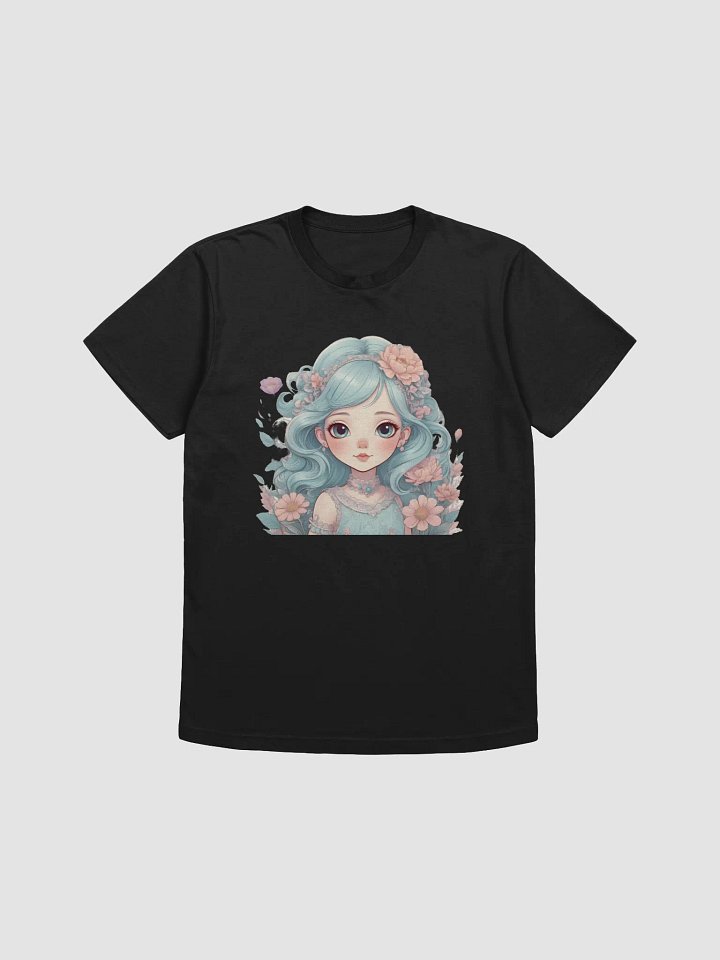 wide-eyed anime-inspired girl with soft blue hair adorned with delicate flowers product image (1)