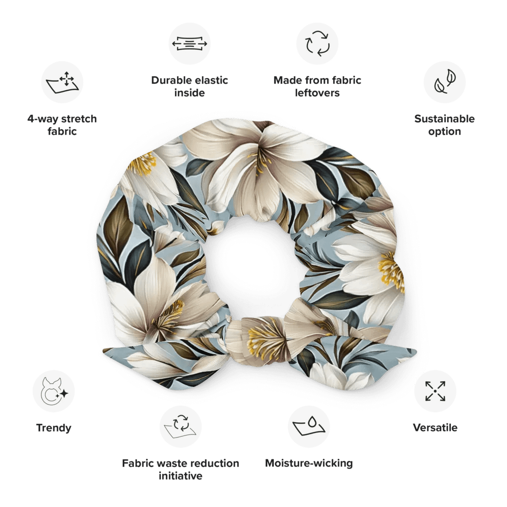 Hair Scrunchie - White and Beige Flowers on a Light Blue Background product image (12)