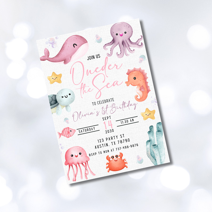 Oneder the Sea Birthday Invitation | Girl 1st Birthday Party Under the Sea | Editable Canva Template | Ocean Mermaid Sea Animals Theme product image (9)