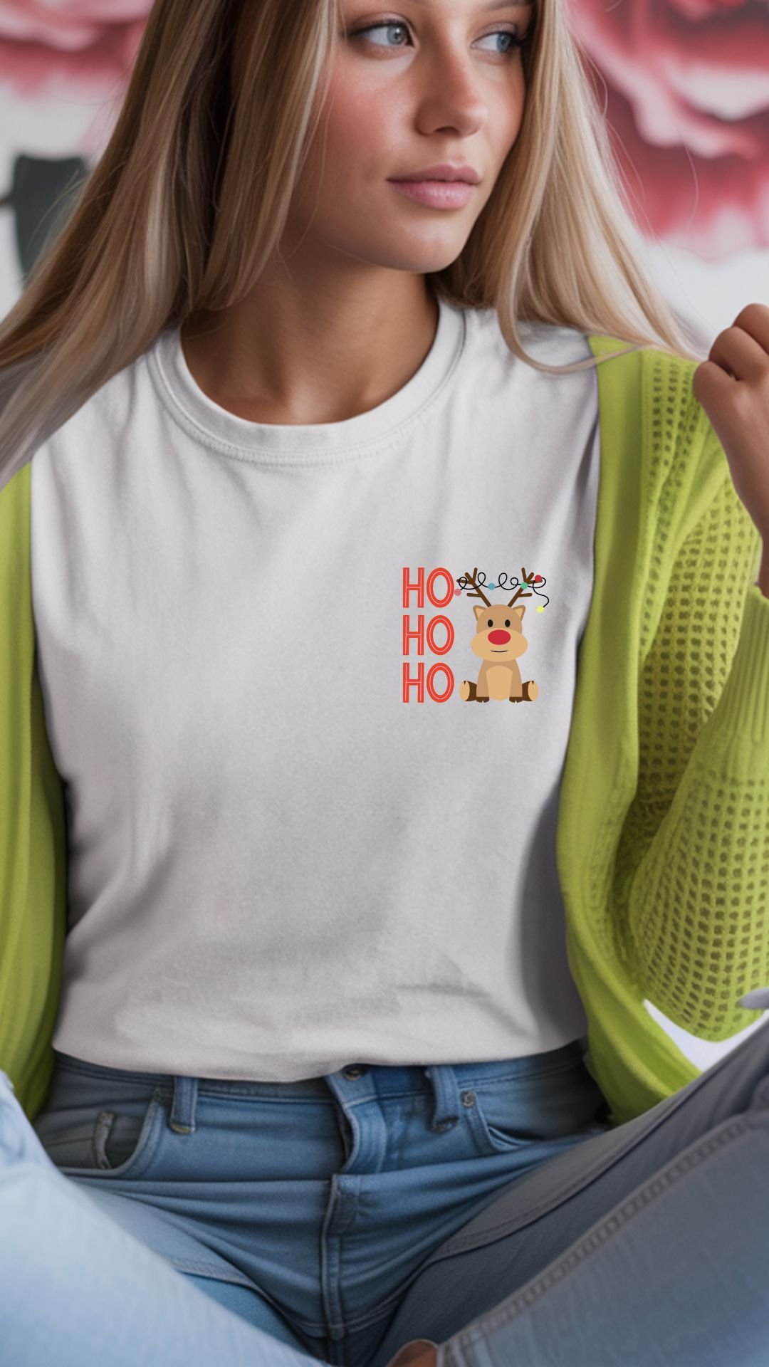 Embroidered Ho Ho Ho T-Shirt | Reindeer with Lights Christmas Tee | Holiday Reindeer Graphic Shirt | Festive Xmas Lights Tee product image (1)