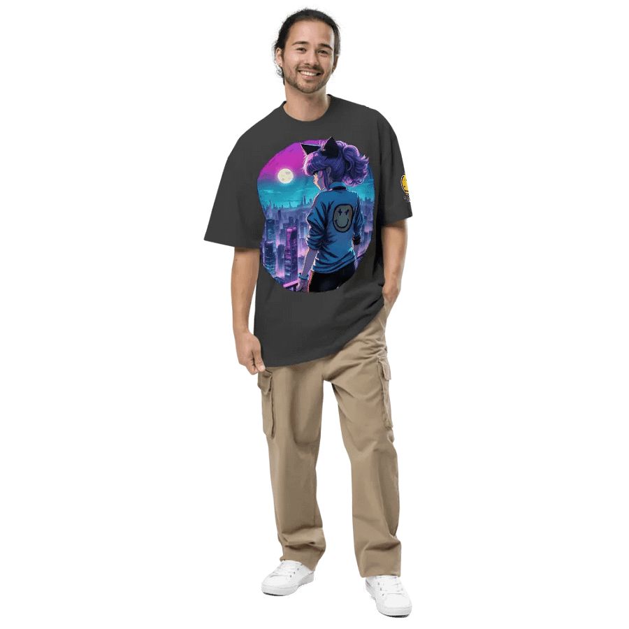 Anime Catgirl Rooftop (AS Colour Premium Oversized Faded T-Shirt) product image (7)