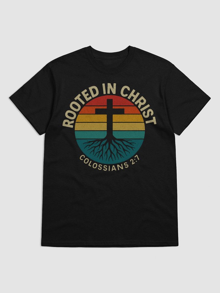 Rooted in Christ T-Shirt – Christian Cross Vintage Sunset Graphic Tee product image (1)