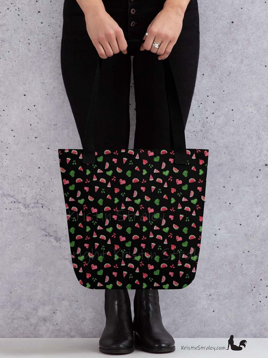 Tossed Watermelons and Hearts on Black Reusable Tote Bag product image (7)