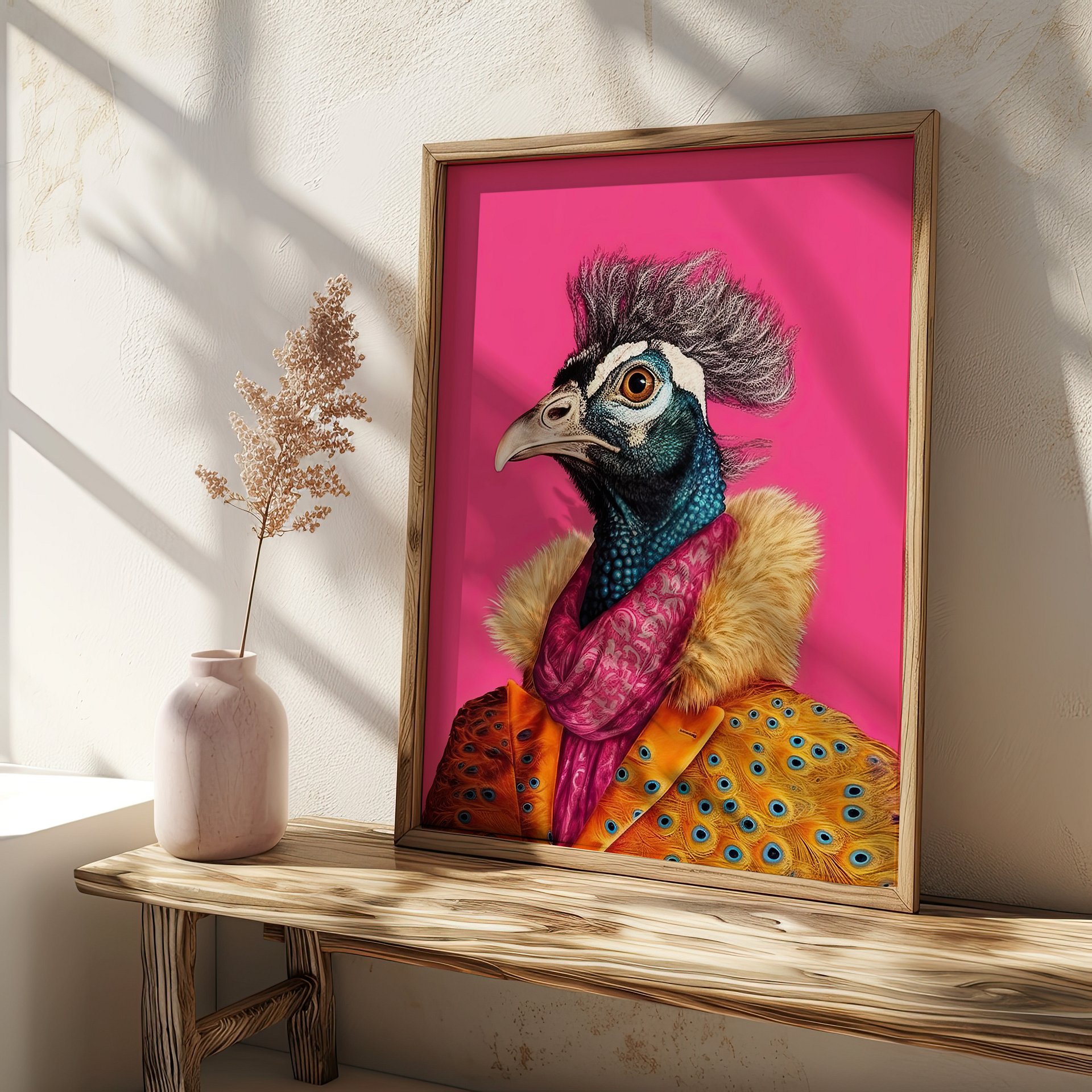 Anthropomorphic Peacock in Yellow Coat Animal Portrait product image (21)