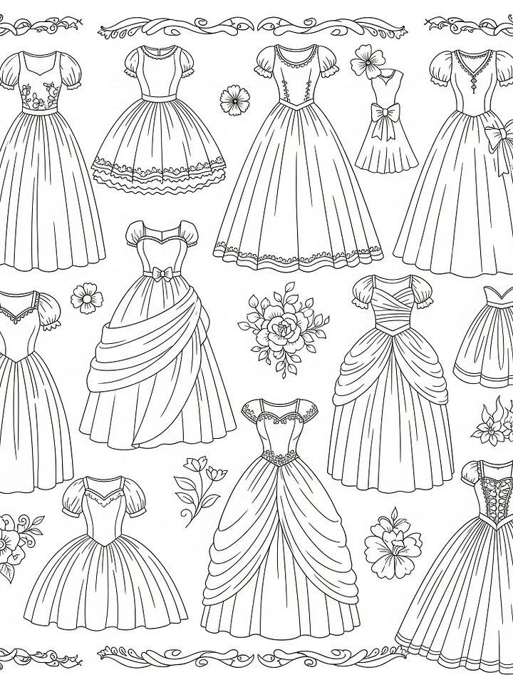 Dresses Colouring Pages, Printing Coloring Pages, Cute and Beautiful Dresses product image (1)