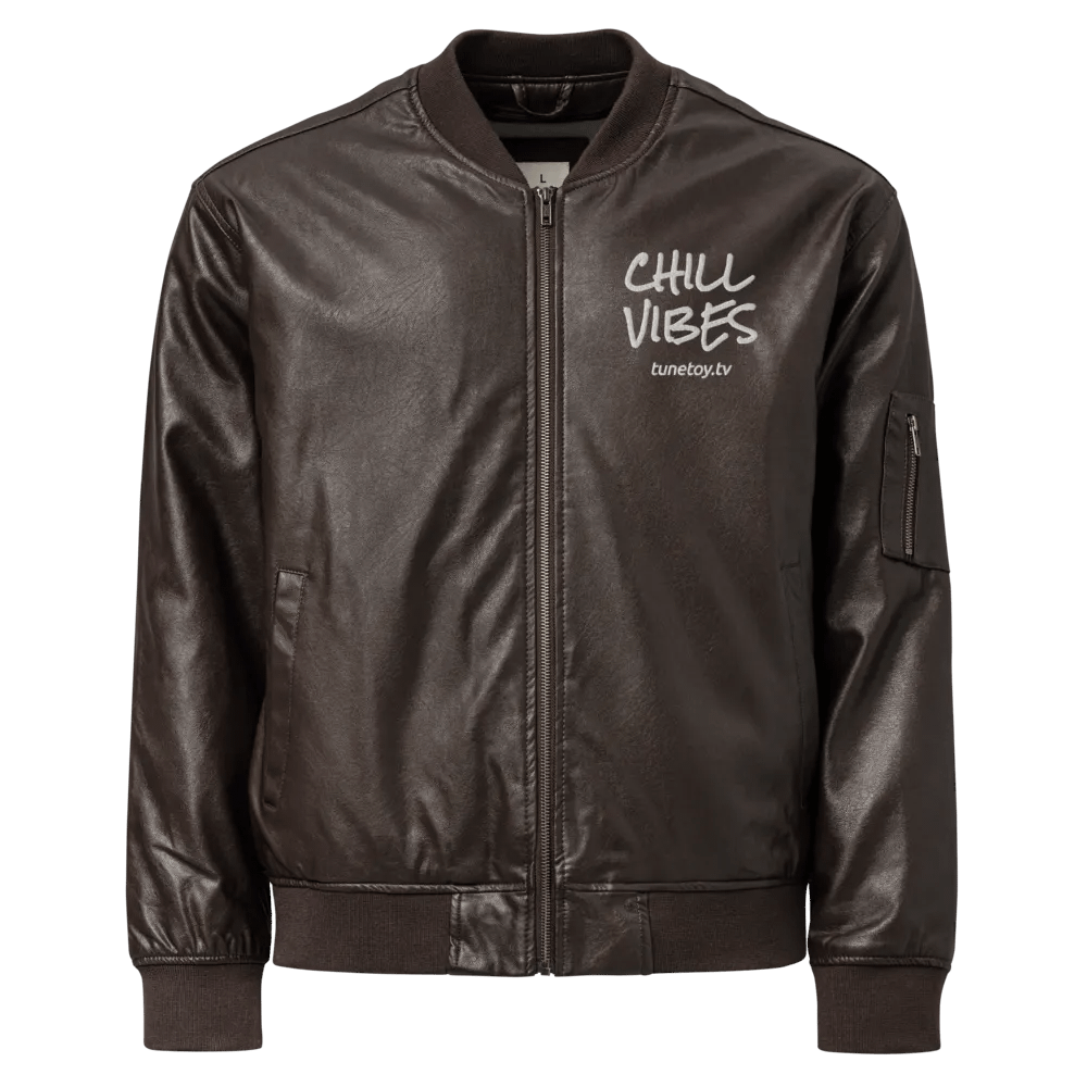 Embroidered Chill Vibes Heavyweight Faux Leather Bomber Jacket product image (1)