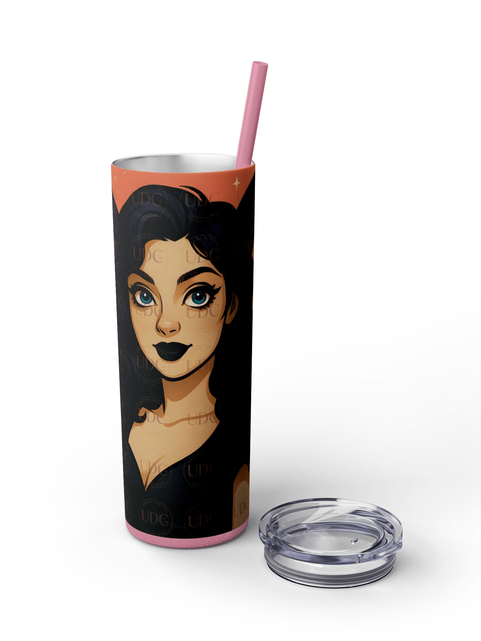 Bat-Eared Gothic Witch Halloween Tumbler Wrap PNG – Black Dress, Pumpkin, Haunted House & Sunset Bats for 20oz Skinny Tumblers product image (5)