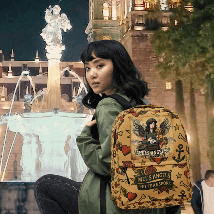 Mel’s Angels Tattoo Flash Logo Backpack – Vintage Chicano Style Travel Gear product image (1)