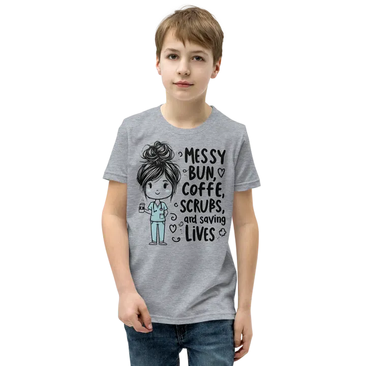 Messy Bun, Coffee, Scrubs, and Saving Lives Youth T-Shirt product image (5)