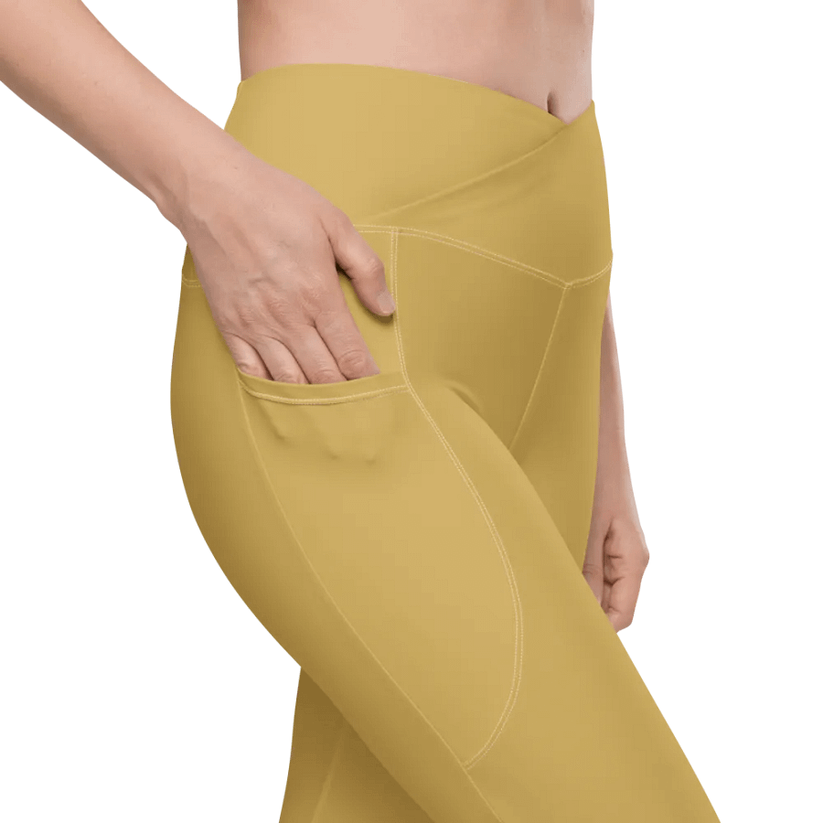 Plain Medium Dark Yellow Light Summer Women's High Waisted Premium Crossover Leggings with Pockets by Treasure Pie product image (8)