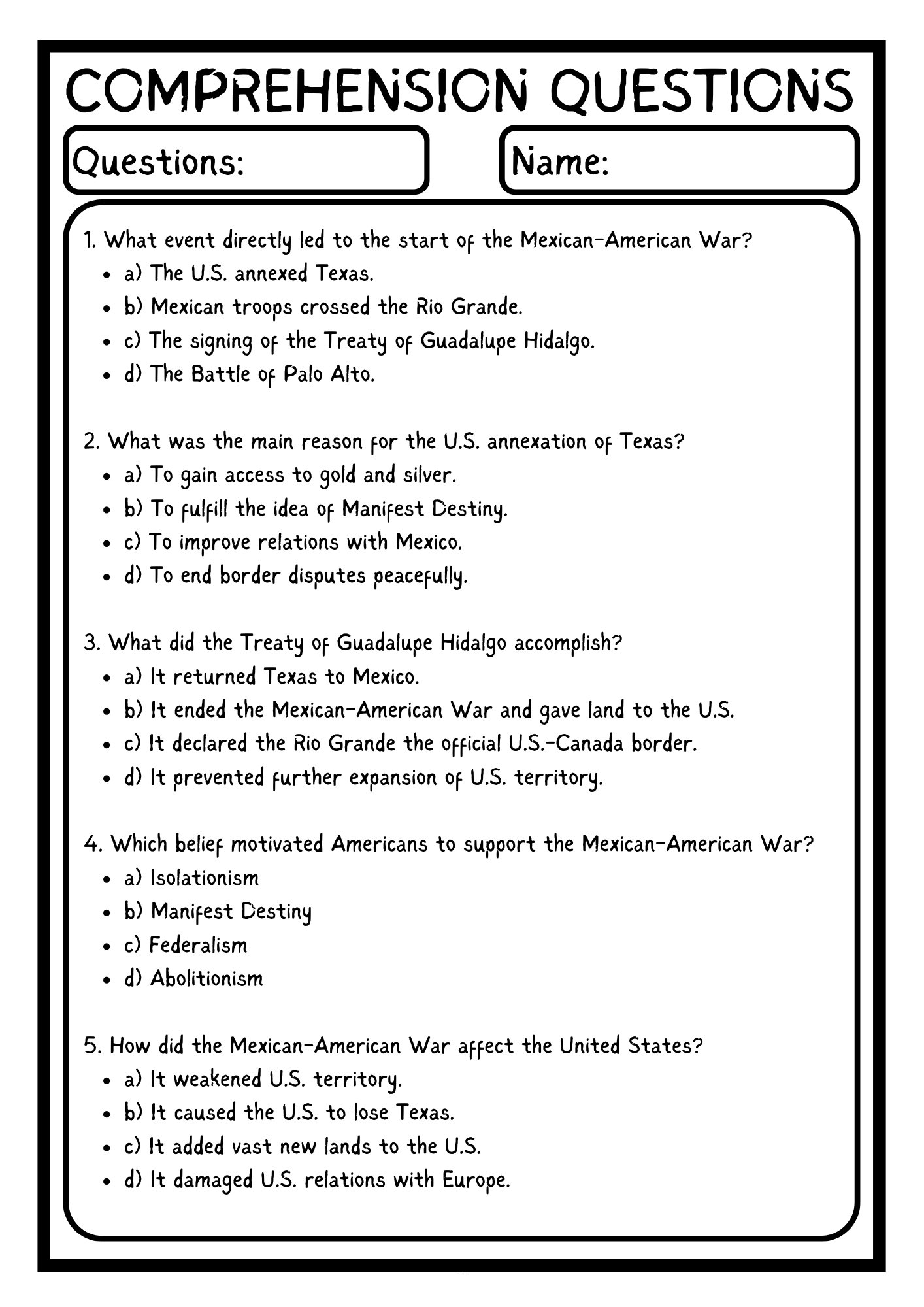 Mexican-American War Reading Passage with Multiple-Choice Questions product image (3)