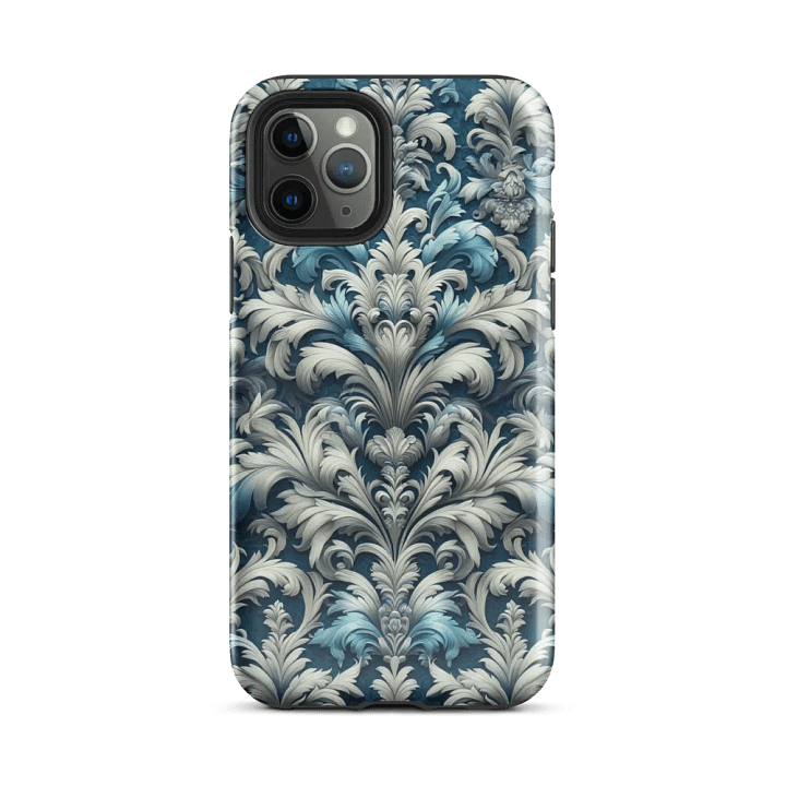 Tough Phone Case for iPhone® - Blue and Silver Rococo Damask Pattern product image (2)