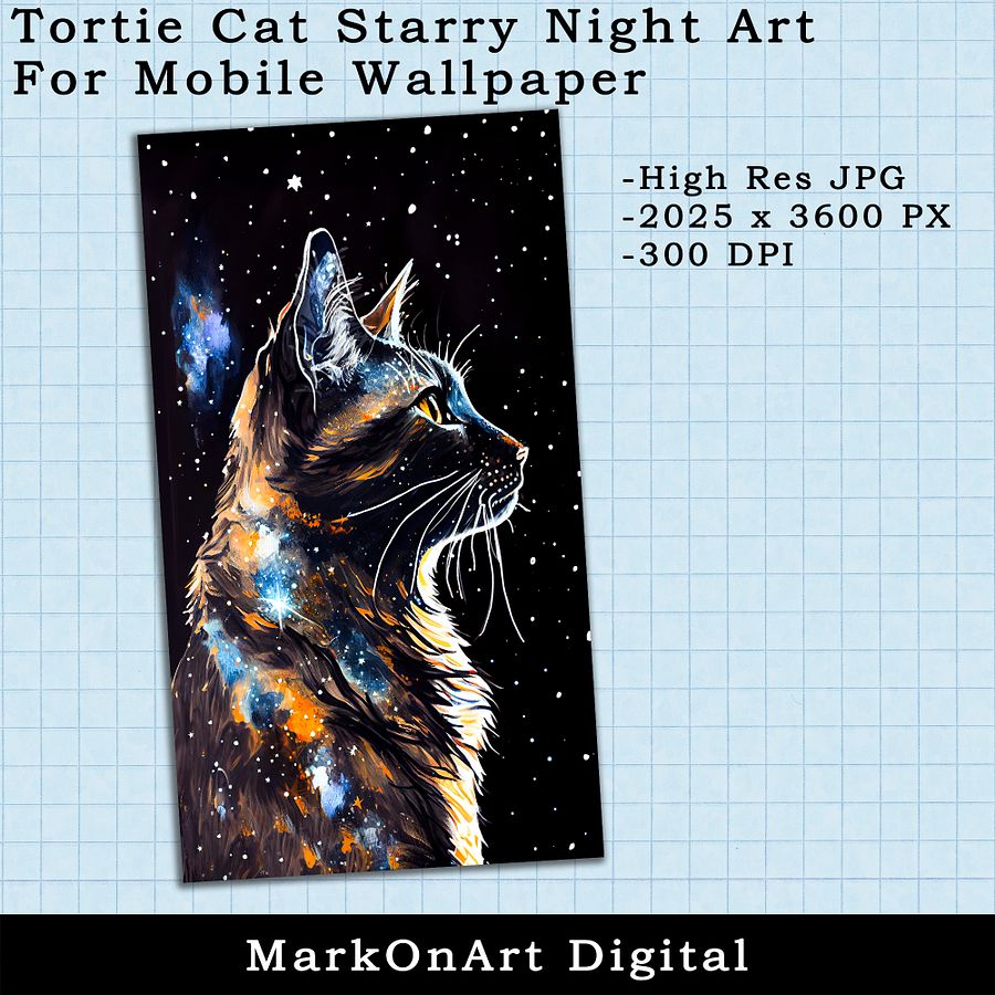 Tortie Cat Starry Night Art For Mobile Phone Wallpaper or Lock Screen | High Res for iPhone or Android Cellphones product image (2)