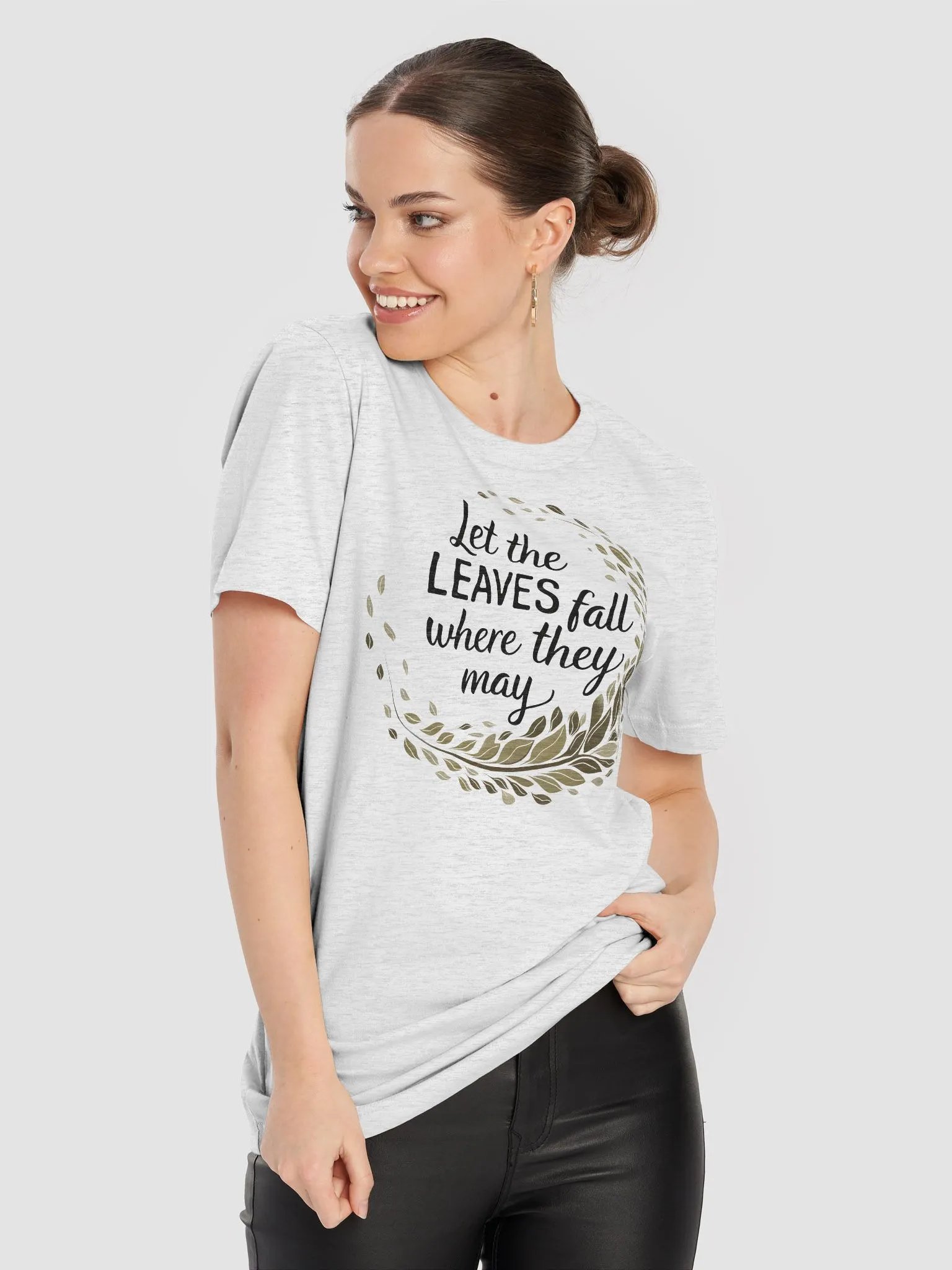 “Let the LEAVES fall where they may” t-shirt, Autumn-inspired shirt, Leaf wreath design, Uplifting seasonal message, Stylish typography, Unique gifts for fall lovers, Nature-themed clothing, gift idea product image (8)